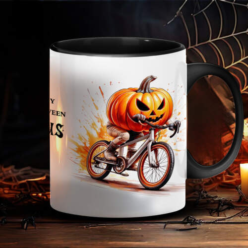 Halloween-Tasse mit Kürbis-Fahrradfahrer-Motiv, personalisierbar, 330 ml, Keramik, Made in Germany