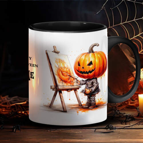 Halloween-Tasse mit gruseligem Kürbis-Maler-Motiv, personalisierbar, 330 ml, Keramik, Made in Germany.